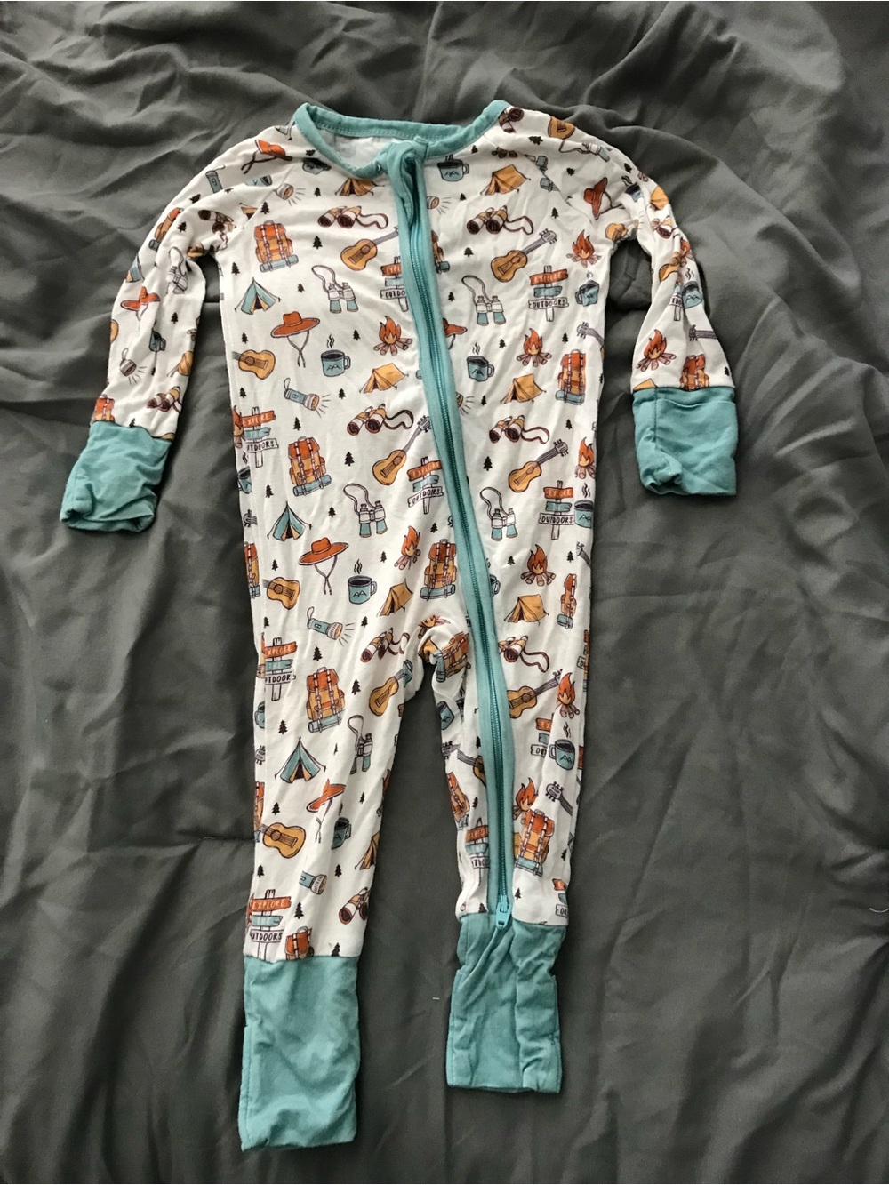 Camping-Print Footie Pajamas with Teal Trim BAMBOO PJS